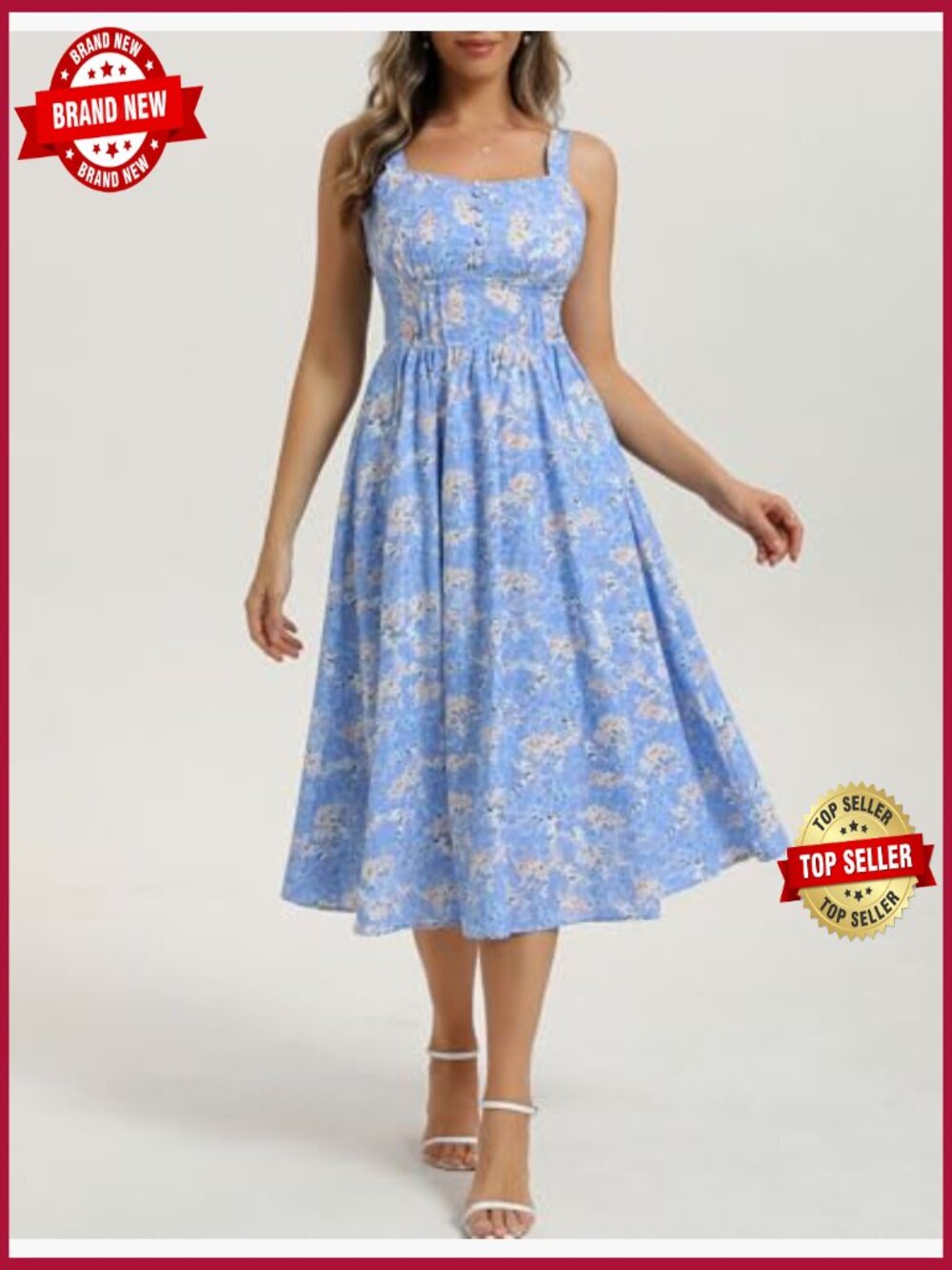 Sleeveless A-Line Midi Sundress with Pockets Flowy Beach Dress - Picture 4 of 7